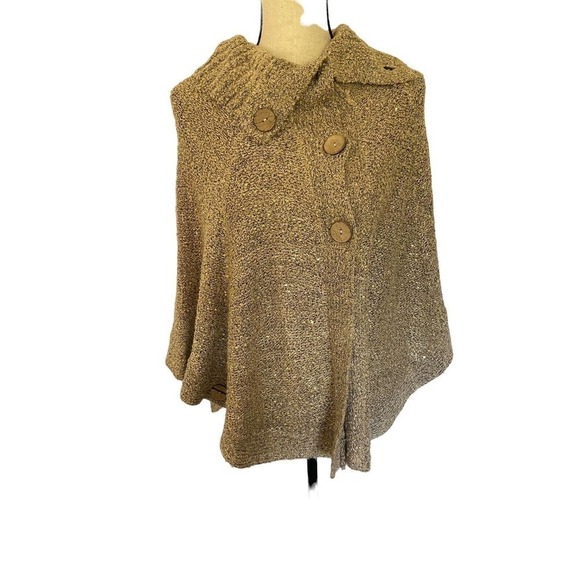 KELSEY Poncho Cape Gold Sparkle Sweater Womens Wood Buttons SZ M/L - Picture 1 of 9
